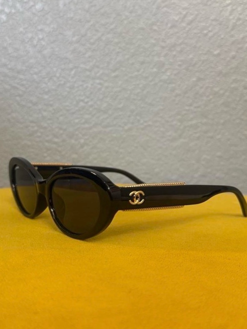 Black Round Sunglasses with Gold CC Emblem